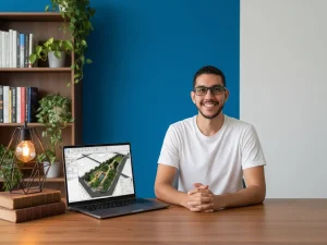 Jesús Belmonte, instructor del curso BIM Aplicado al Paisaje, con un proyecto de paisaje modelado en Revit